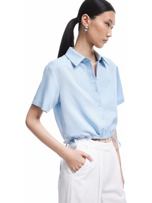 Koton Beli Bağcıklı Modal Cupro Kumaş Kısa Kollu Gömlek