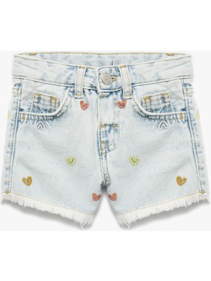 Koton Pamuklu Kesik Paça Kalp Işlemeli Mini Denim Şort