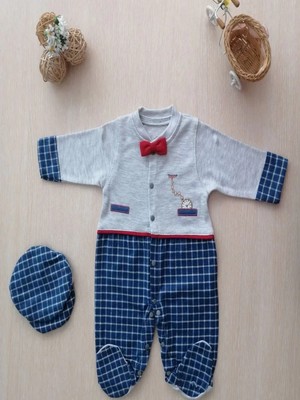 Herşey Trend Herşeytrend 0-3 3-6 Ay Cep Saatli Kasketli Papyonlu Erkek Bebek Tulum Lacivert