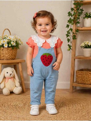 Uçurtma Baby Kids Babybuu Çilek Cepli Fırfırlı Yakalı Kot Kız Bebek Yazlık Bayramlık Salopet