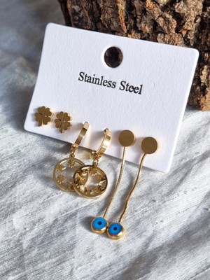 PremiumPort 6'lı Kadın Çelik Yonca ve Nazar Boncuğu Sallantılı Küpe, Gold Renk 316L