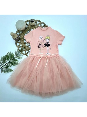 Herşey Trend Herşeytrend 5-6-7 Yaş Flamingo Balerin Kız Baskılı Kurdela Kuşaklı Astarlı Kız Çocuk Tütü Elbise Somon