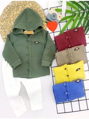 Herşey Trend Herşeytrend 9-12-18-24 Ay Nefes Alan Organik Kumaş Kapşonlu Düğmeli 2li Erkek Bebek Takımı Sarı