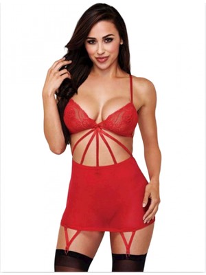 Pileli Store Tegan Büyük Beden Fantazi Kırmızı Dantelli Jartiyer Takım TG273256