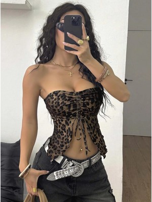 Pileli Store Kadın Leopar Desenli Crop Önden Büzgü Detaylı 5096