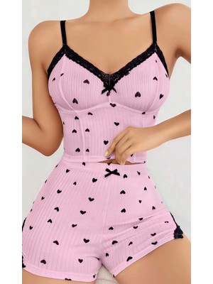 Pileli Store Kadın Pembe Kalp Desenli Askılı Şortlu Pijama Takım 5013