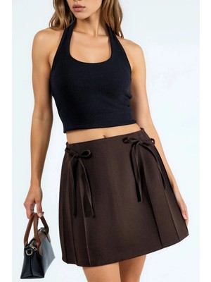 Hiccup Kadınlar Qu Style Fiyonk Detaylı Kemerli Mini Şort Etek Kahve Kahvesi