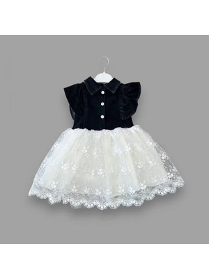 Herşey Trend Herşeytrend 2-3-4 Yaş Astarlı Brode Etekli Kot Kumaş Düğmeli Kız Çocuk Elbisesi Siyah