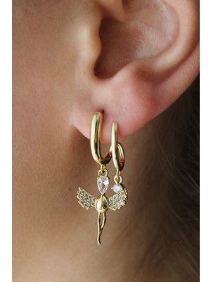 PremiumPort Şık Çelik Zirkon Taşlı Ikili Görünümlü Melek Küpe