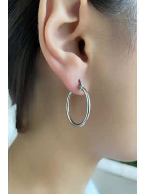 PremiumPort Şık Orta Boy Çelik Halka Küpe, Gümüş Gri, 25 Mm, Çift Satış