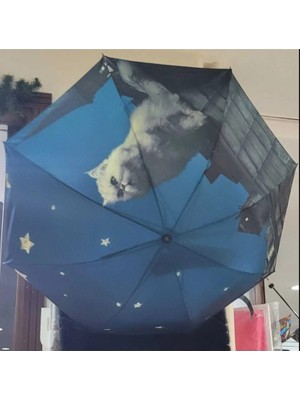 Es Dekor London Manuel Şemsiye Kadın Aksesuar Rüzgara Ters Dönmeye Dayanıklı Mavi Gece Beyaz Kedi 1 Adet