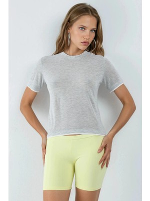 Hiccup Kadınlar Qu Style Renk Bloklu Bisiklet Yaka T-Shirt Gri