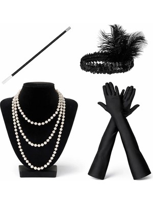 tp Buğz 1920’LER Çarliston Aksesuar Seti – Inci Kolye, Eldiven, Sigara Tutucu, Siyah Saç Bandı