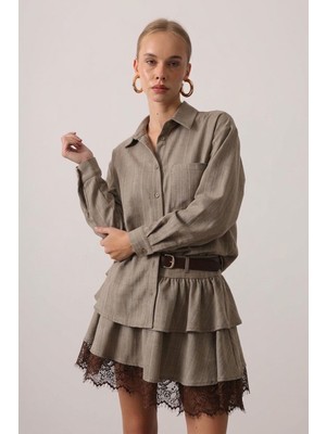 İbeeka Vizon Volanlı ve Kemerli Dantel Detaylı Kadın Mini Etek - Vizon - S