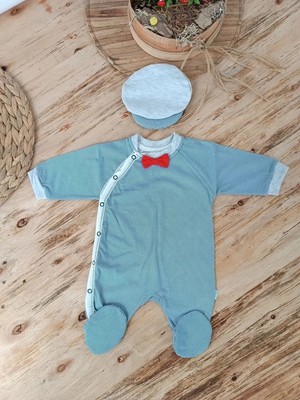 Herşey Trend Herşeytrend 0-3 3-6 Ay Papyonlu Çizgi Desen Çıtçıt Kapama Kasketli Erkek Bebek Tulumu Lacivert