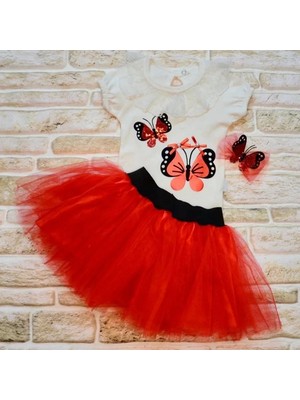 Herşey Trend Herşeytrend 9-12-18 Ay Payetli Kelebek Nakışlı Taçlı Kısa Kollu Tütü Etek 3lü Kız Bebek Takımı Kırmızı