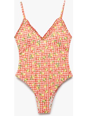 Koton Pötikareli Limon Desenli Fırfır Detaylı Ince Askılı Mayo