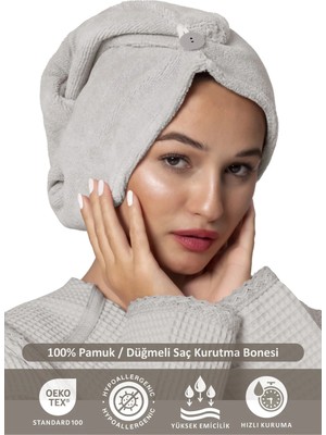 Ellia Soft Camellia %100 Pamuk Saç Kurutma Bonesi Lastikli ve Düğmeli Havlu Bone Gri
