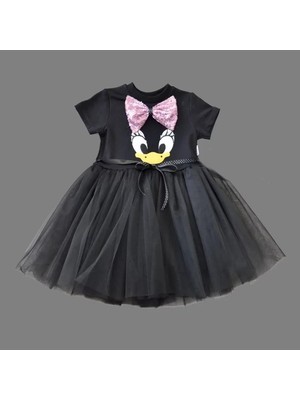 Herşey Trend Herşeytrend 1-2-3 Yaş Payet Fiyonk Tokalı Ördek Nakışlı Astarlı Kız Bebek Tütü Elbisesi Siyah