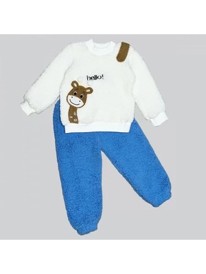 Herşey Trend Herşeytrend 1-2-3 Yaş Hello Zürafa Nakışlı Kuzu Kumaş Sweat Pantolon Uzun Kollu Kız Erkek 2 Li Takımı Saks Mavisi