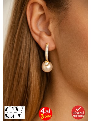 PremiumPort Parlak Incili Yıldız Altın Kaplama Zirkon Taşlı Küpe 2 cm