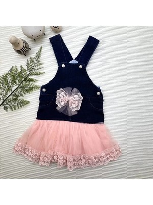 Herşey Trend Herşeytrend 2-3-4 Yaş Fiyonklu Düğme Detaylı Tül Etek Kot Kumaş Salopet Kız Çocuk Elbisesi Lacivert-Pudra