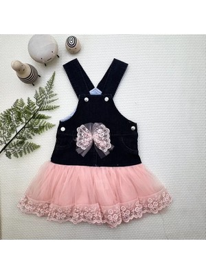 Herşey Trend Herşeytrend 2-3-4 Yaş Fiyonklu Düğme Detaylı Tül Etek Kot Kumaş Salopet Kız Çocuk Elbisesi Siyah-Pudra