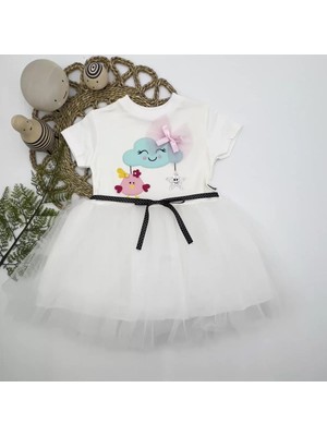 Herşey Trend Herşeytrend 1-2-3 Yaş Tül Tokalı Bulut Civciv ve Yıldız Nakışlı Kız Bebek Elbisesi Beyaz