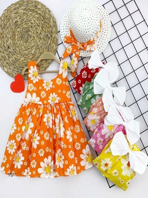 Herşey Trend Herşeytrend 9-12-18-24 Ay Hasır Şapkalı Papatya Desenli Askılı 2li Kız Bebek Elbisesi Sarı