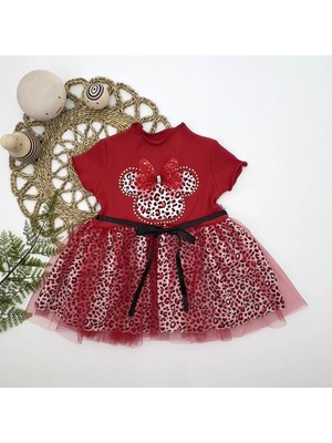 Herşey Trend Herşeytrend 1-2-3 Yaş Fiyonklu Mickey Astarlı Etekli Kız Bebek Tütü Elbisesi Kırmızı