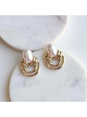 PremiumPort Beyaz Taşlı Vintage Tarzda Şık Altın Kaplama Küpe