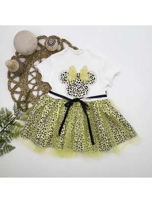 Herşey Trend Herşeytrend 1-2-3 Yaş Fiyonklu Mickey Astarlı Etekli Kız Bebek Tütü Elbisesi Sarı-Ekru