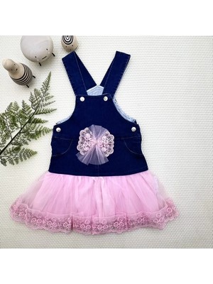 Herşey Trend Herşeytrend 2-3-4 Yaş Fiyonklu Düğme Detaylı Tül Etek Kot Kumaş Salopet Kız Çocuk Elbisesi Lacivert-Pembe