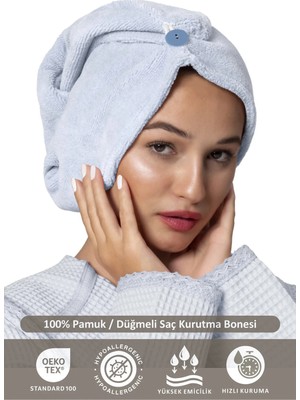 Ellia Soft Marcella %100 Pamuk Saç Kurutma Bonesi Lastikli ve Düğmeli Havlu Bone Açık Mavi