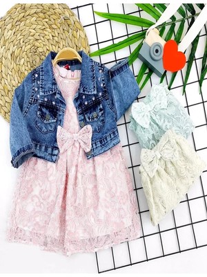 Herşey Trend Herşeytrend 2-3-4-5 Yaş Kot Ceketli Astarlı Güpürlü 2li Kız Çocuk Elbisesi Yeşil