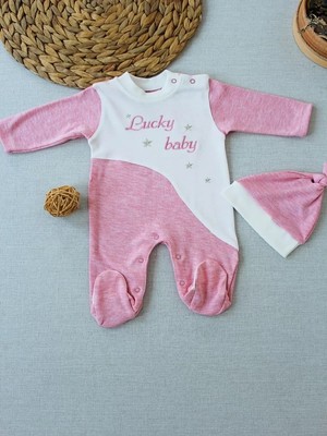 Herşey Trend Herşeytrend 0-3 3-6 Ay Lucky Turk Nakışlı Es Çizgi Boy Şapkalı Kız Bebek Tulumu Pembe