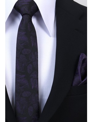 Esgue Hand Made 6 cm Slim Yaprak Desen Siyah Mor Renk Mendilli Ince Kravat