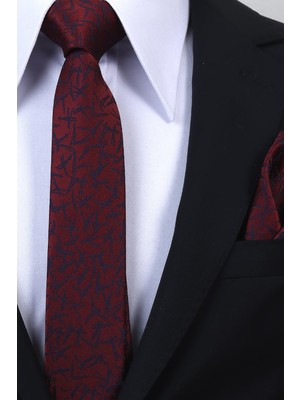 Esgue Hand Made 6 cm Slim Desenli Bordo Lacivert Renk Mendilli Ince Kravat