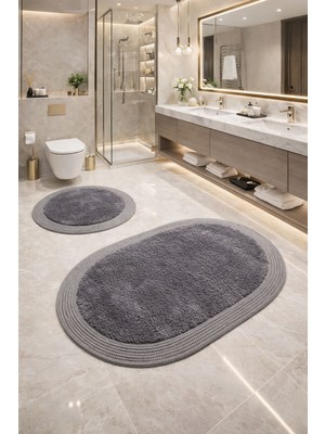 Melena Carpet Premium Kaymaz Taban Peluş Banyo Paspası Seti Jüt Kenar Detaylı 2’li Oval Yuvarlak 100X60 60X61