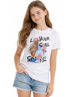 İrem Çocuk Giyim Kız Çocuk Your Soul Yazılı Resim Desenli Pullu Beyaz Renk Tişört