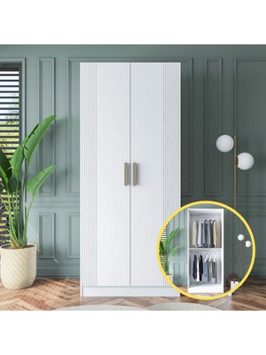 Rani BA179 Membran Kapaklı Gardırop Raflı 2 Askılı 2 Kapaklı Elbise Dolabı Beyaz