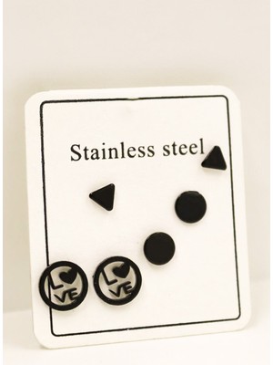 PremiumPort Paslanmaz Çelik Love Yazılı Daire ve Üçgen Küpe 3'lü Seti