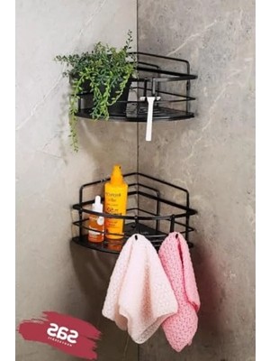 Esranın Dünyası Siyah Renkli 2'li Kancalı Yapışkanlı Banyo Duş Köşe Rafı