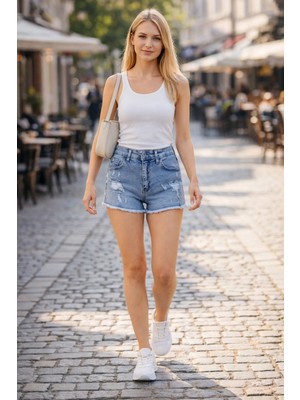 CEDY DENIM Kadın Yüksek Bel Yıpratmalı Paçası Püsküllü Kot Şort Mini Jean Berlin Mavi C603