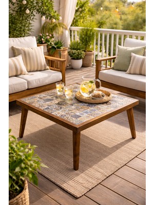 Maison Linden Masif Eskitme Ahşap Seramik Orta Sehpa 65X65 cm El Yapımı Dekoratif Salon Sehpası