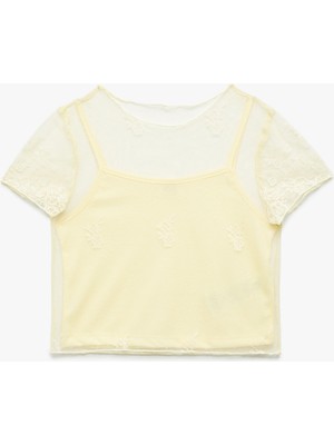 Koton Bisiklet Yaka Dantel Detaylı Askılı Astarlı Kısa Kollu Crop Tişört