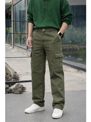 Comstar Erkek Yüksek Bel Premium Haki Kargo Baggy Pantolon