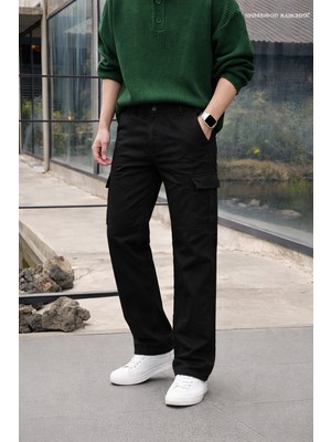 Comstar Erkek Yüksek Bel Premium Siyah Kargo Baggy Pantolon