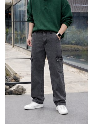 Comstar Erkek Yüksek Bel Premium Antrasit Kargo Baggy Pantolon Pamuklu Regular Fit 4 Mevsim Kullanıma Uygun