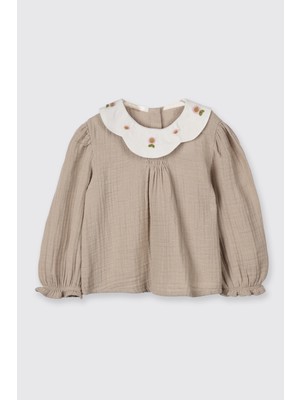 Panço Kız Bebek Nakışlı Müslin Bej Bluz